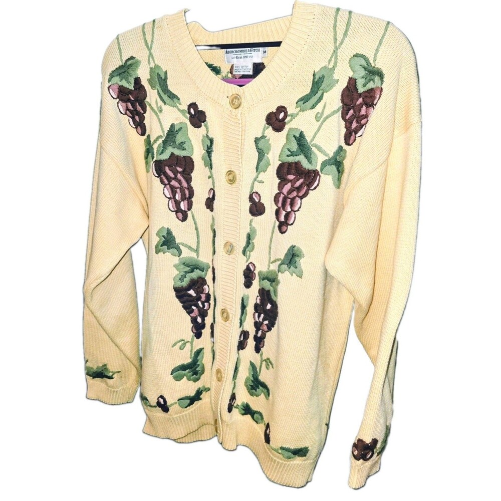 Abercrombie & Fitch Y2K Sz M Grapes Leaves Knit Button Grandma Cardigan Sweater